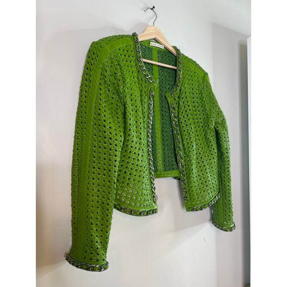 NEW Alice + Olivia Brixton Woven Lamb Leather Cropped Boxy Fit Jacket Green - Picture 3 of 8